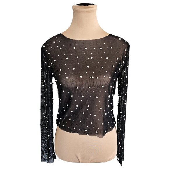 Thirty / Thirty Beaded Bejeweled Mesh Long Sleeve Top Sz L - Picture 1 of 9